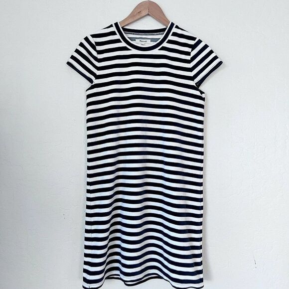 Madewell Blue White Stripe Print Velour Velvet Pullover Tee Midi Dress Small EUC - Picture 2 of 8